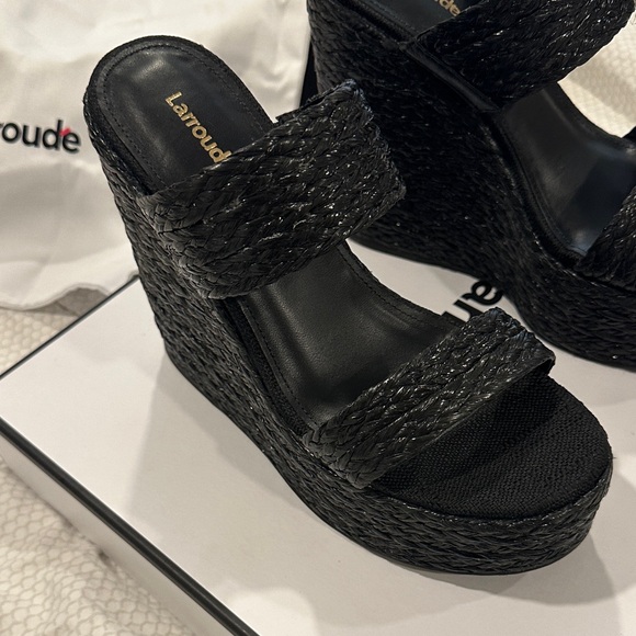 Larroude Black Textured Wedge Sandals